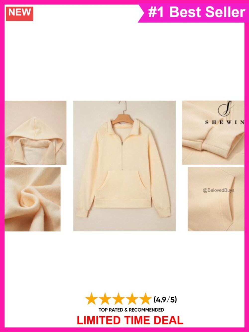 Half Zip Hoodie Pullover Sweatshirt Cotton Polyester Pockets Long Sleeve - Picture 6 of 6